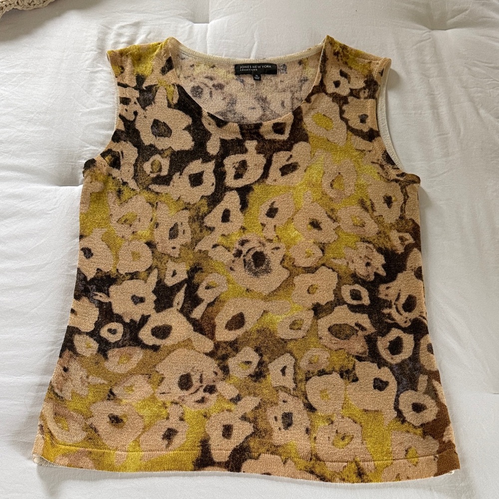 Jones New York Floral Print Sleeveless Tank in Beige, Brown & Yellow